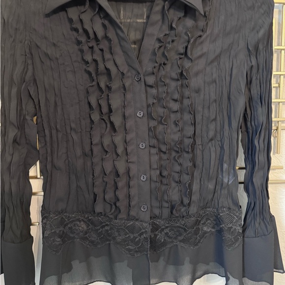 Apostrophe Tops - Apostrophe Petite Black Sheer Ruffle Lace Blouse M